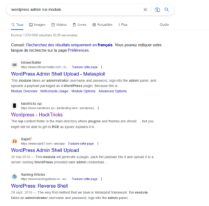 Résultats Google WordPress admin RCE module
