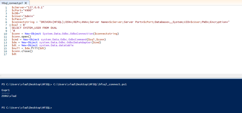 Execution of the Powershell script to authenticate to the HFSQL database