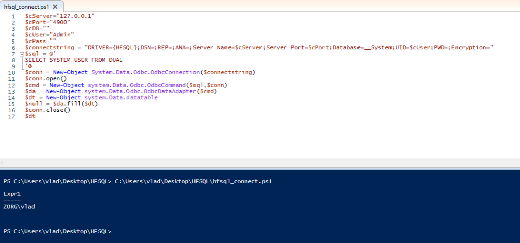 Execution du script Powershell pour s'authentifier à la base HFSQL